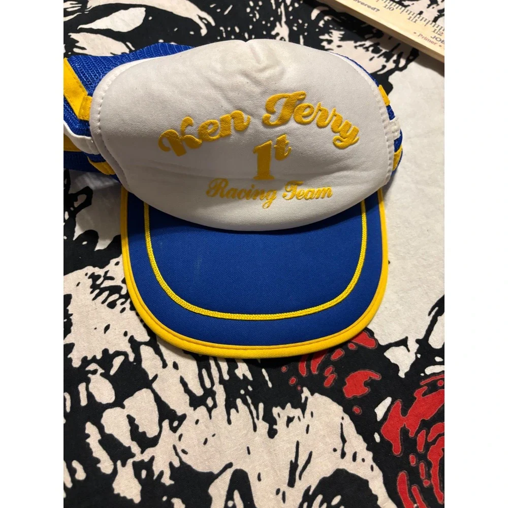 Vintage Ken Jerry 1st Racing Team Trucker Hat Blue White Snapback Mesh Cap